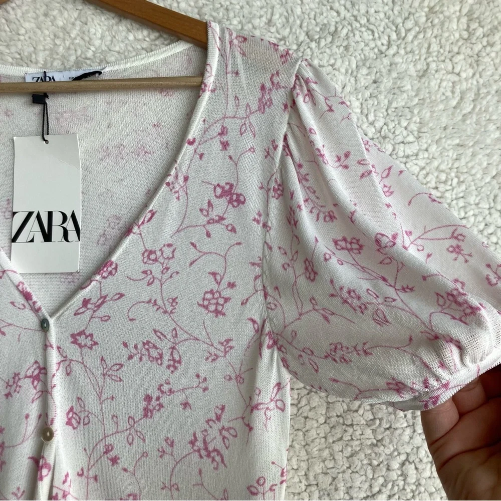 NWT Zara Women's puff short sleeve white floral open front cardigan, Sz L